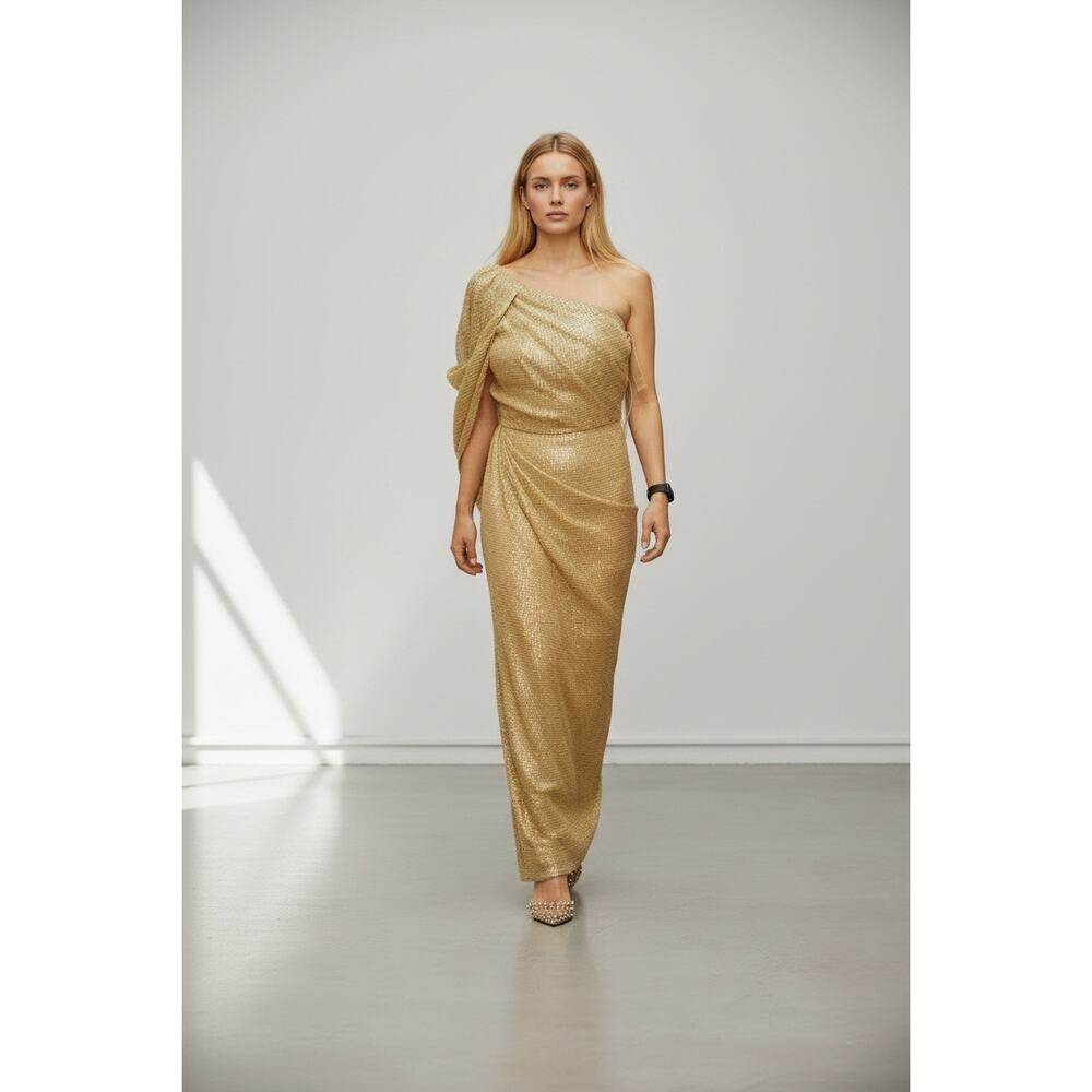 Theia One Shoulder Sleeveless Sash Organza Gown Gold Size 4 NWT Sample